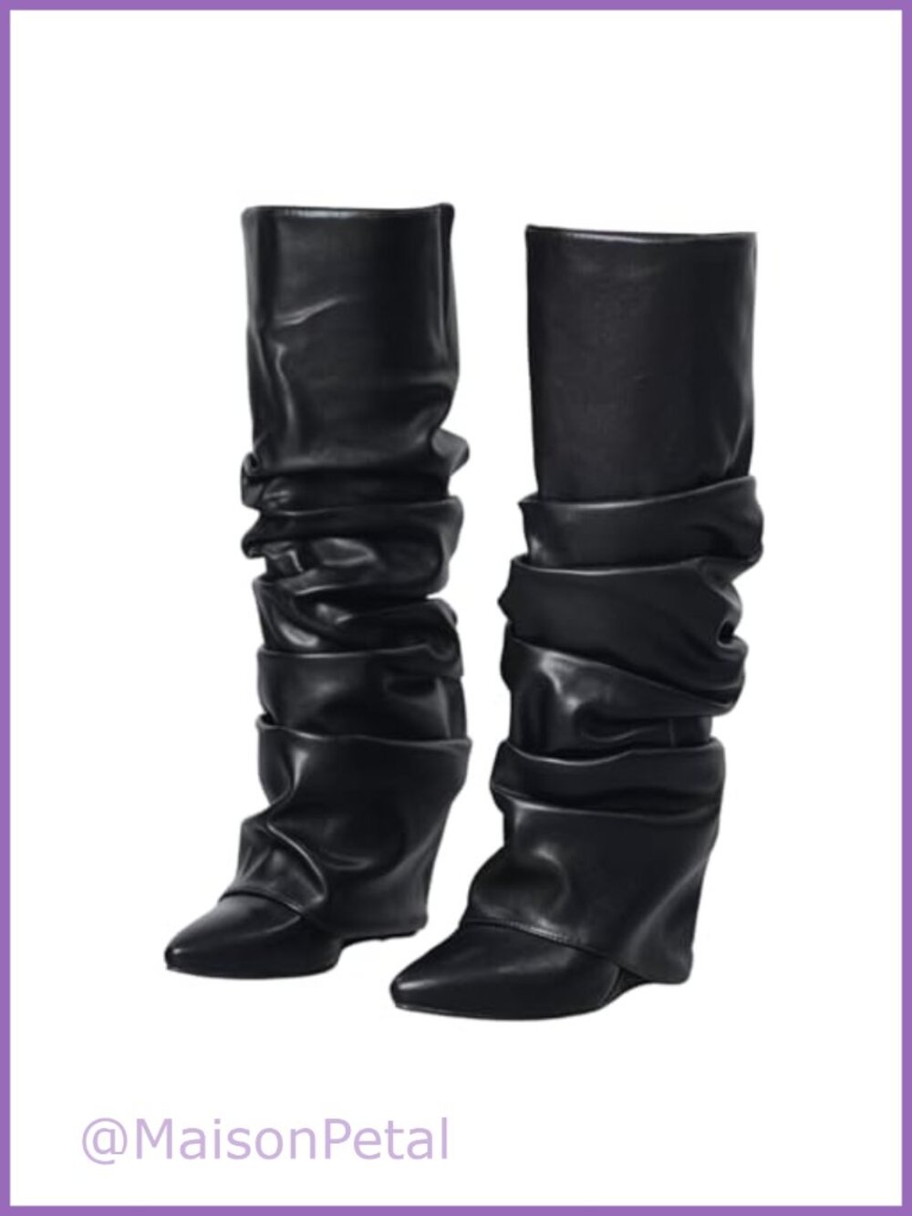 Women's Ruched Fold Over Wedge Knee High Boots Pointed Toe Slip On
